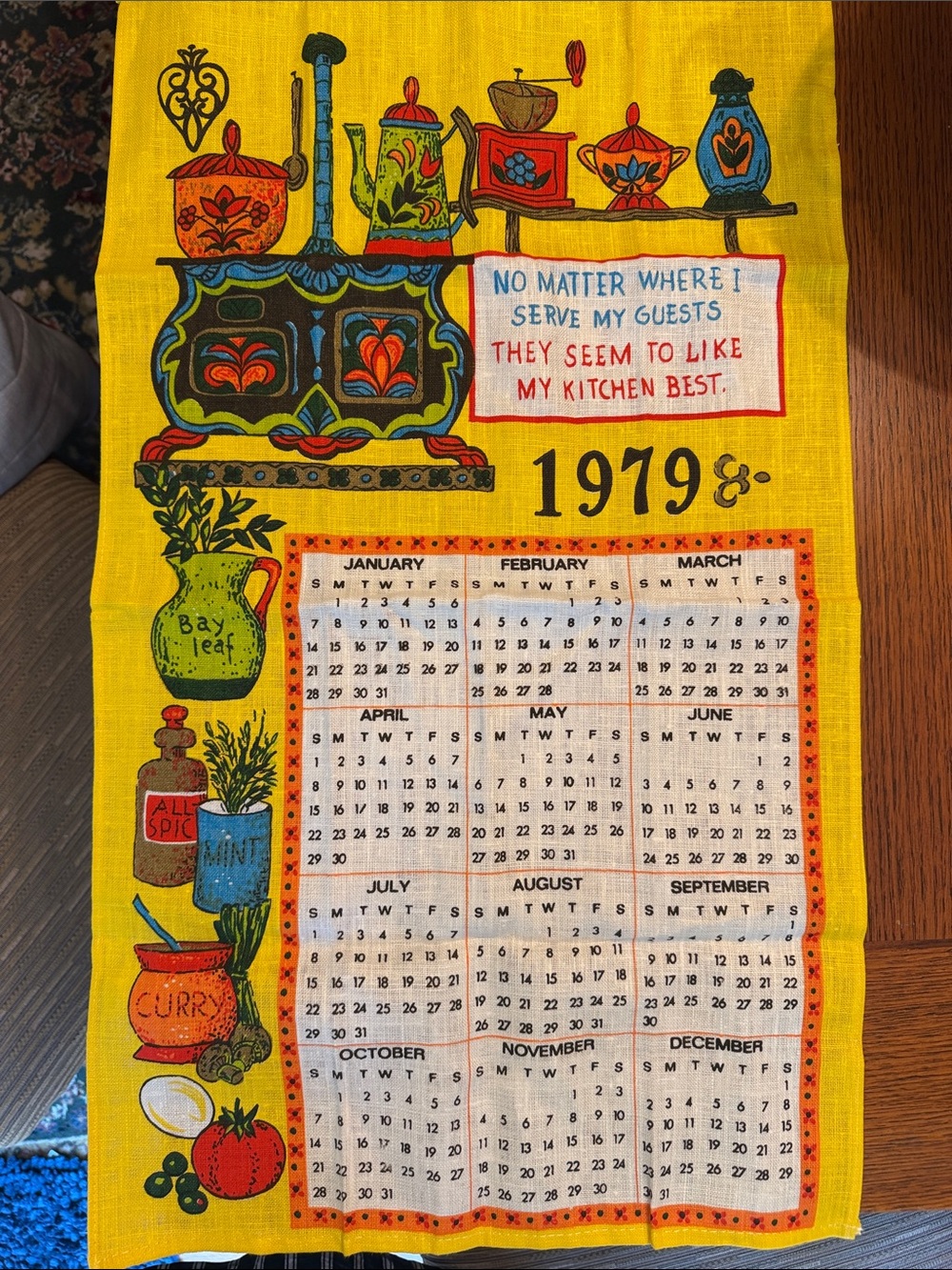 New Vintage-Style Yellow Kitchen Linen Calendar Tea Towel - 1979 16x28”